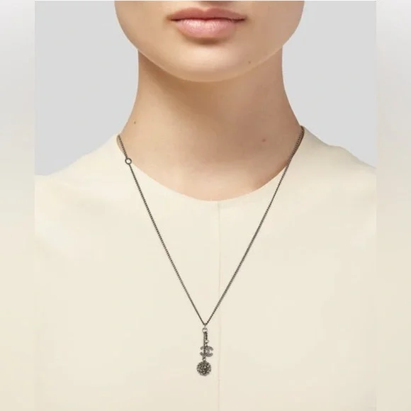 CHANEL Paladium Plated and Strass CC &Ball Drop Pendant Necklace, 23.5”, EUC - Picture 8 of 11